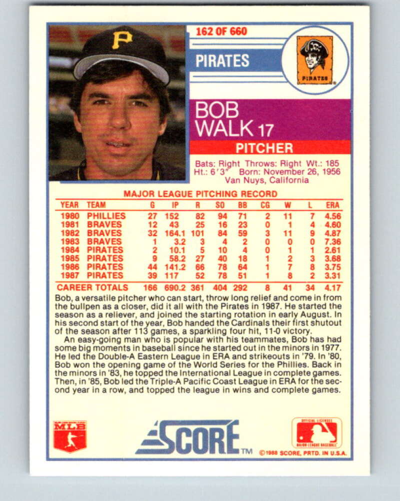 1988 Score #162 Bob Walk Mint Pittsburgh Pirates  Image 2
