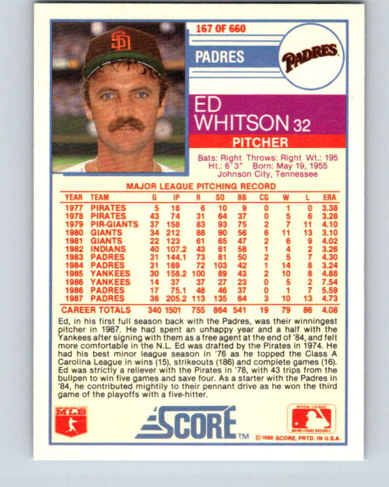 1988 Score #167 Ed Whitson Mint San Diego Padres  Image 2