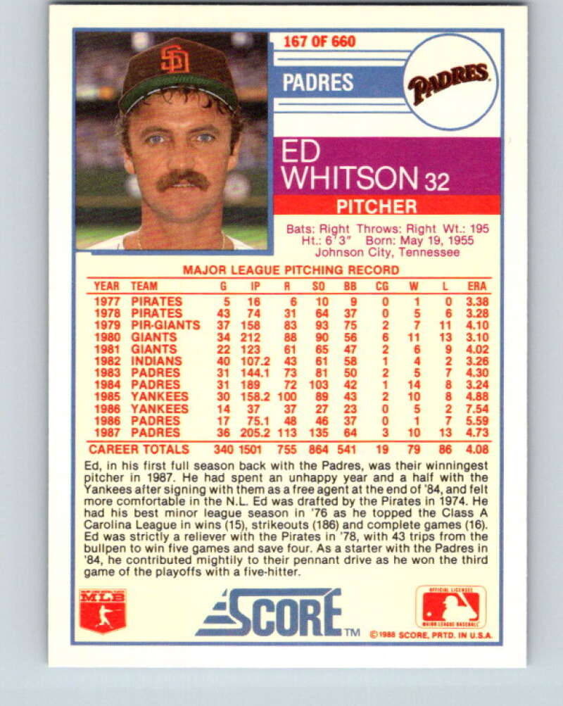 1988 Score #167 Ed Whitson Mint San Diego Padres Image 2