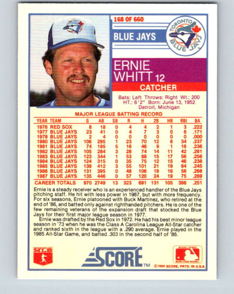 1988 Score #168 Ernie Whitt Mint Toronto Blue Jays  Image 2