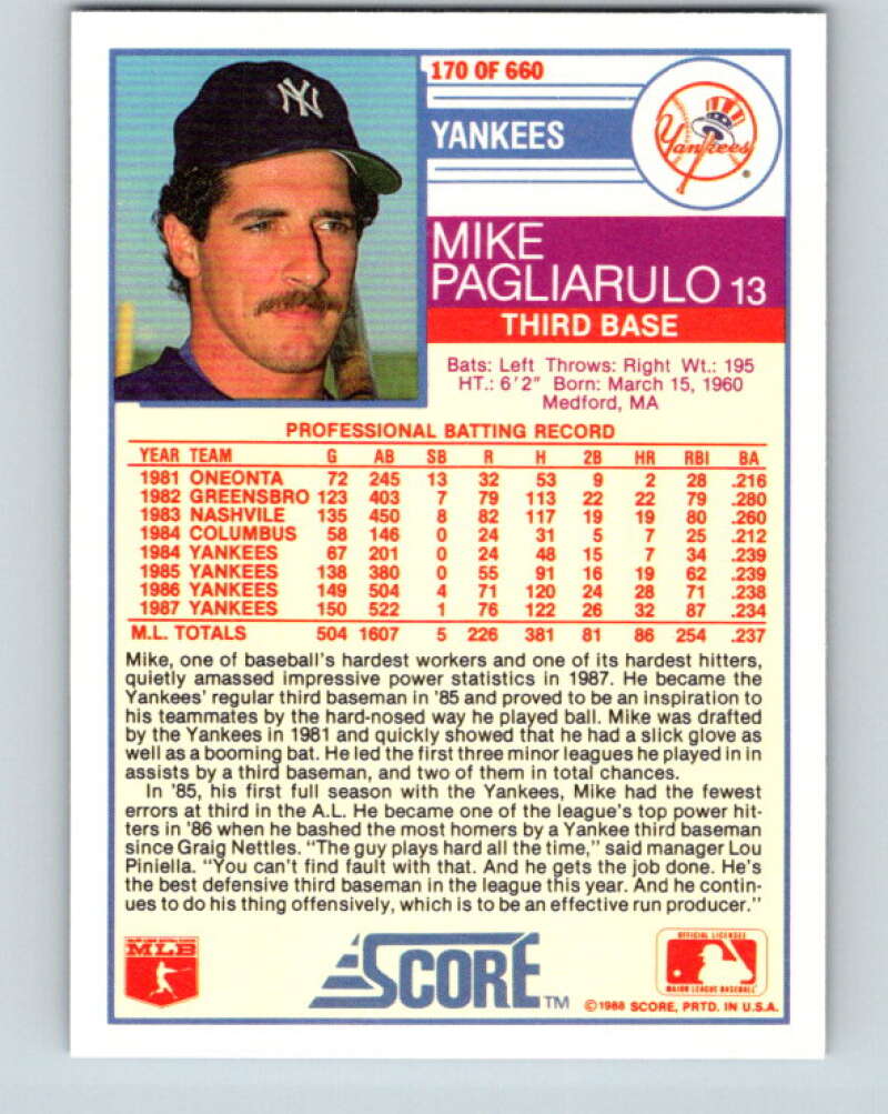 1988 Score #170 Mike Pagliarulo Mint New York Yankees Image 2