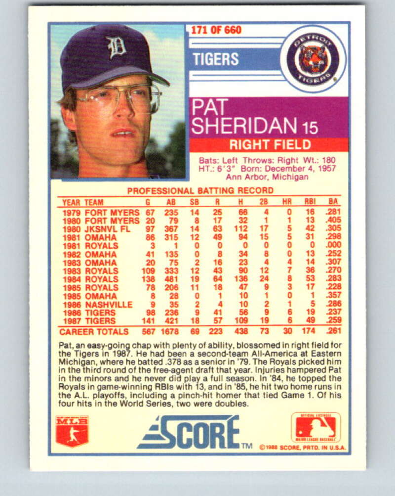1988 Score #171 Pat Sheridan Mint Detroit Tigers Image 2