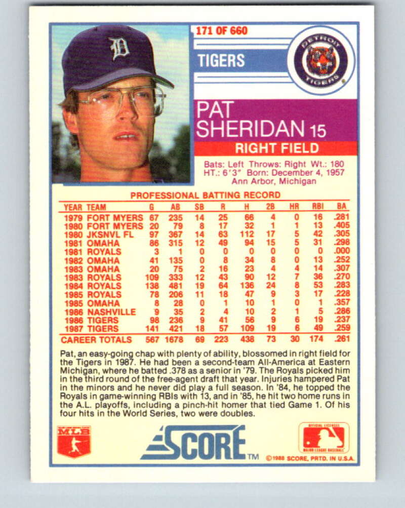 1988 Score #171 Pat Sheridan Mint Detroit Tigers  Image 2