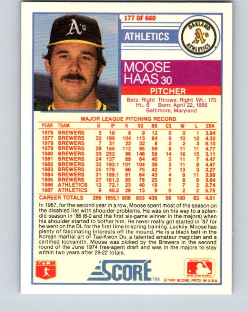 1988 Score #177 Moose Haas Mint Oakland Athletics  Image 2