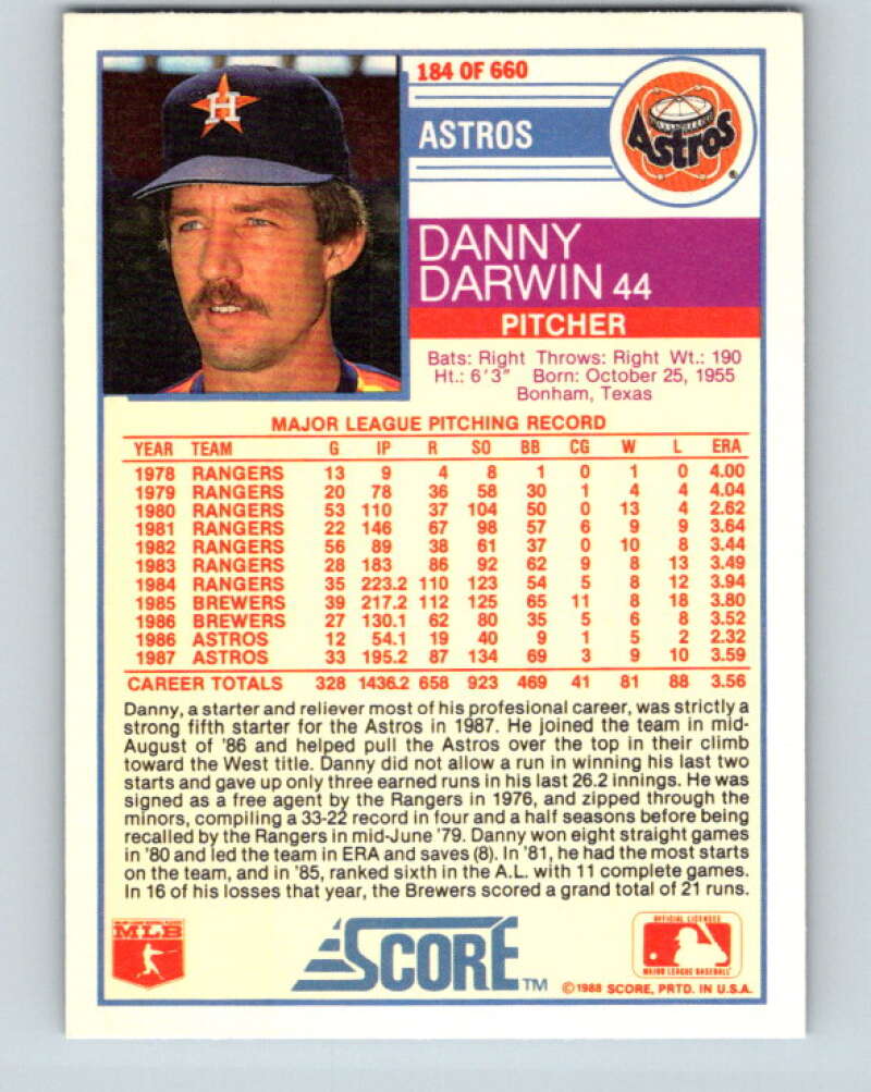 1988 Score #184 Danny Darwin Mint Houston Astros  Image 2