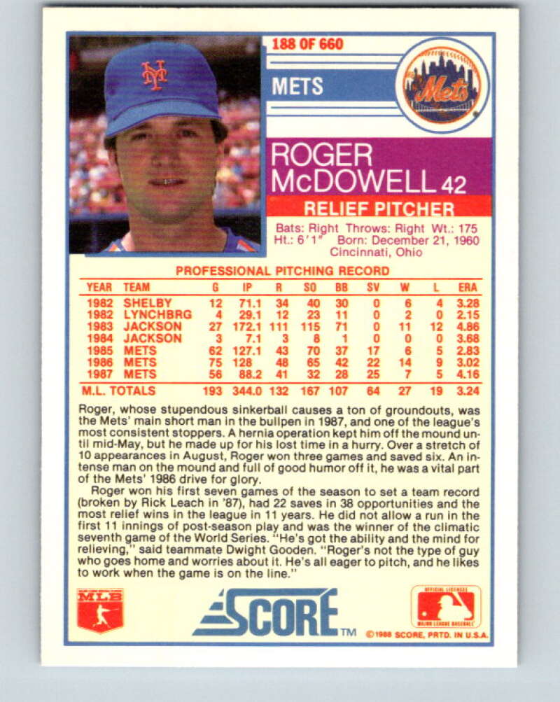 1988 Score #188 Roger McDowell Mint New York Mets Image 2