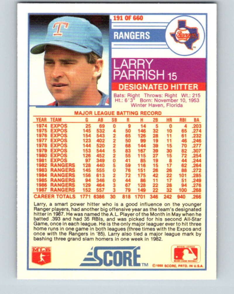 1988 Score #191 Larry Parrish Mint Texas Rangers Image 2