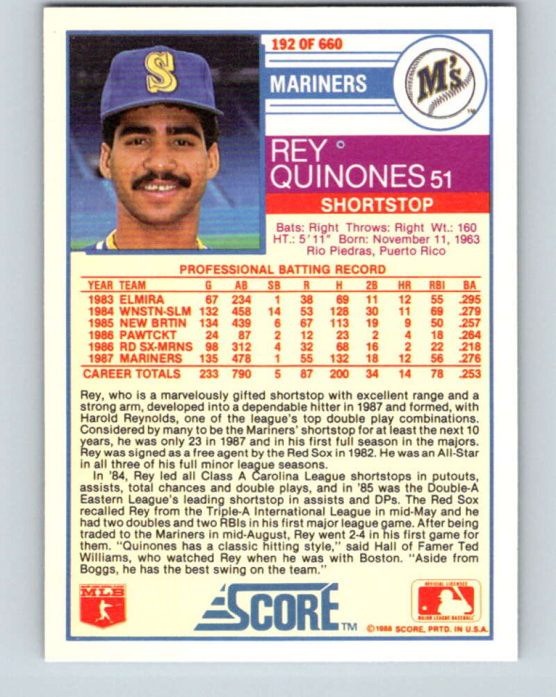 1988 Score #192 Rey Quinones Mint Seattle Mariners Image 2