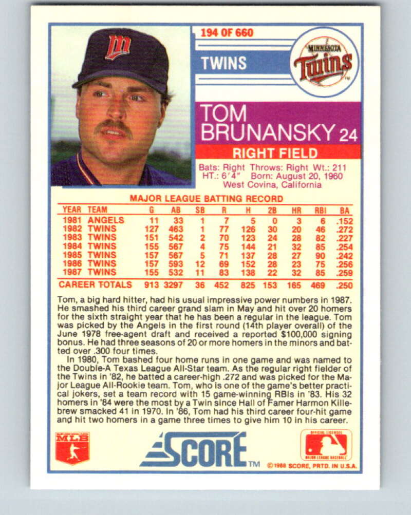 1988 Score #194 Tom Brunansky Mint Minnesota Twins Image 2