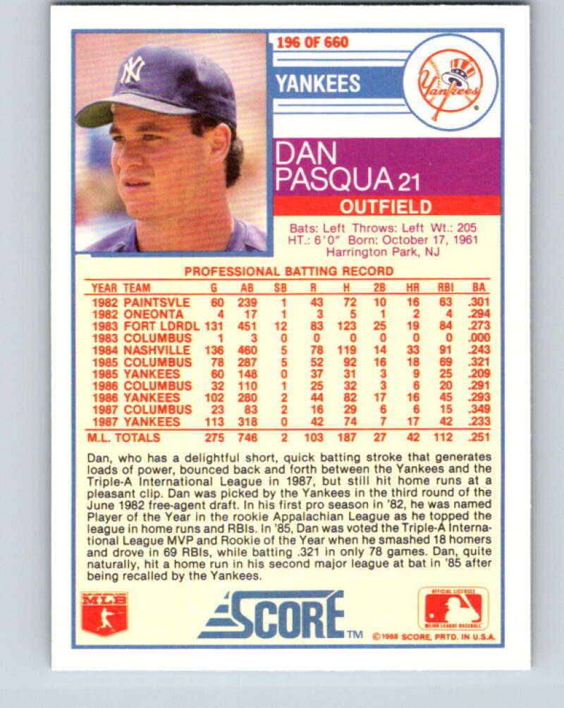 1988 Score #196 Dan Pasqua Mint New York Yankees Image 2