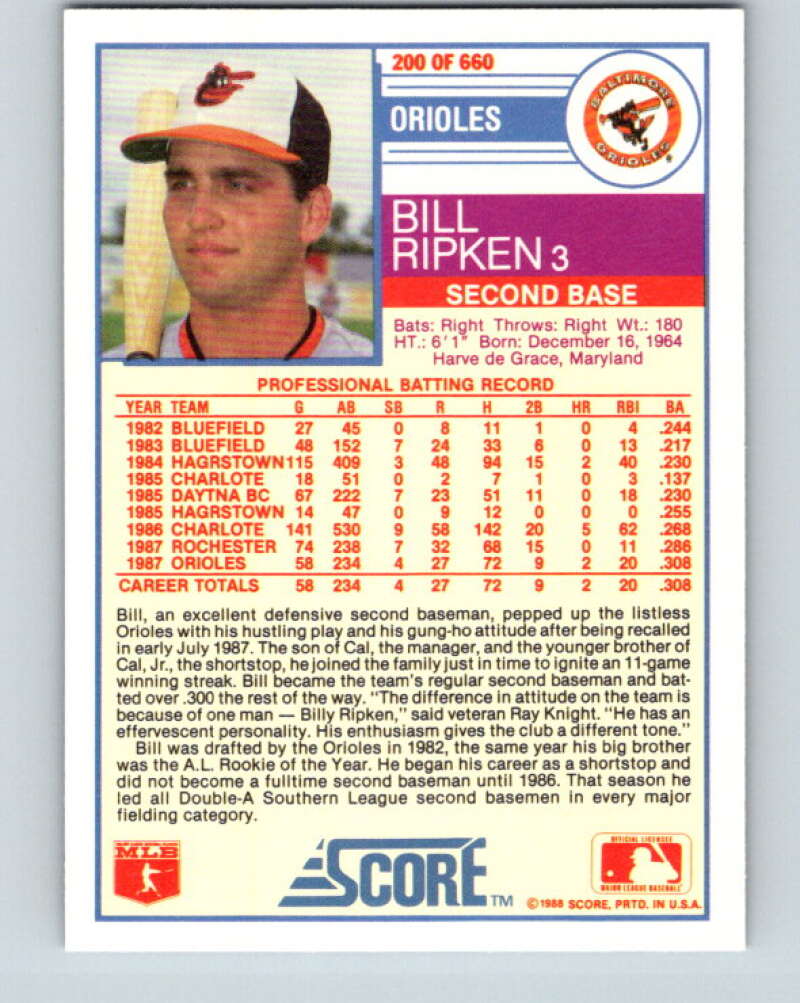 1988 Score #200 Billy Ripken Mint RC Rookie Baltimore Orioles  Image 2