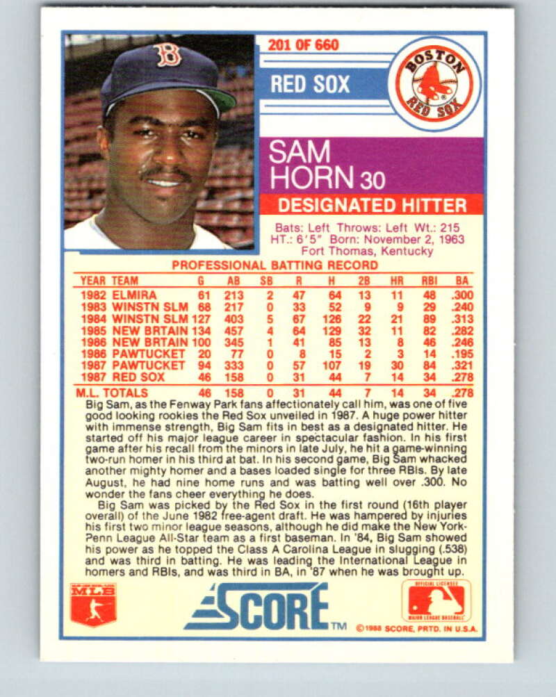 1988 Score #201 Sam Horn Mint RC Rookie Boston Red Sox Image 2