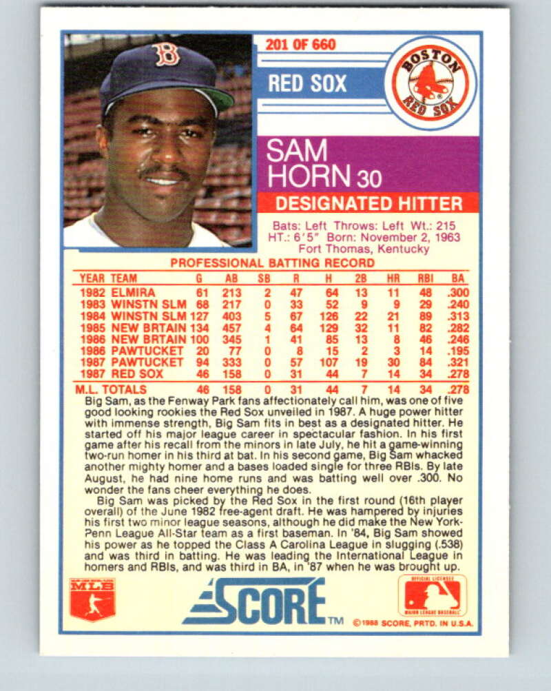 1988 Score #201 Sam Horn Mint RC Rookie Boston Red Sox  Image 2