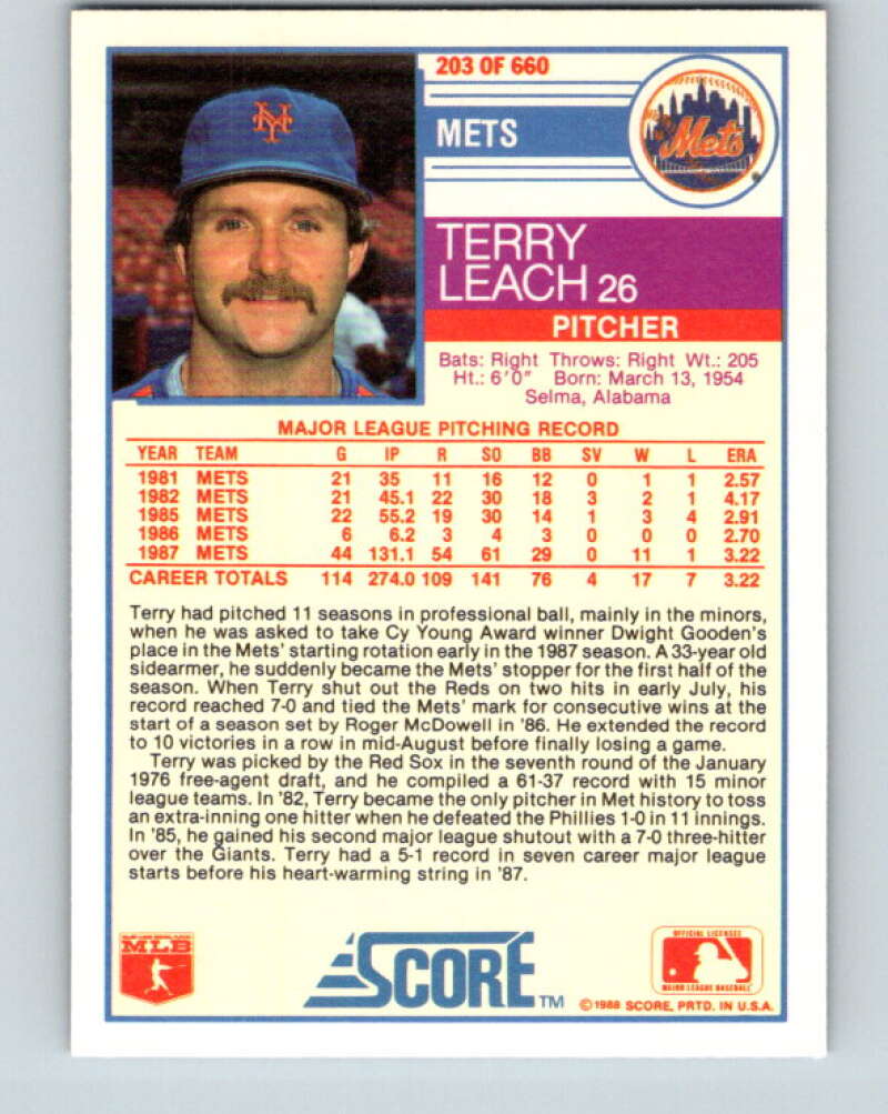 1988 Score #203 Terry Leach Mint New York Mets Image 2