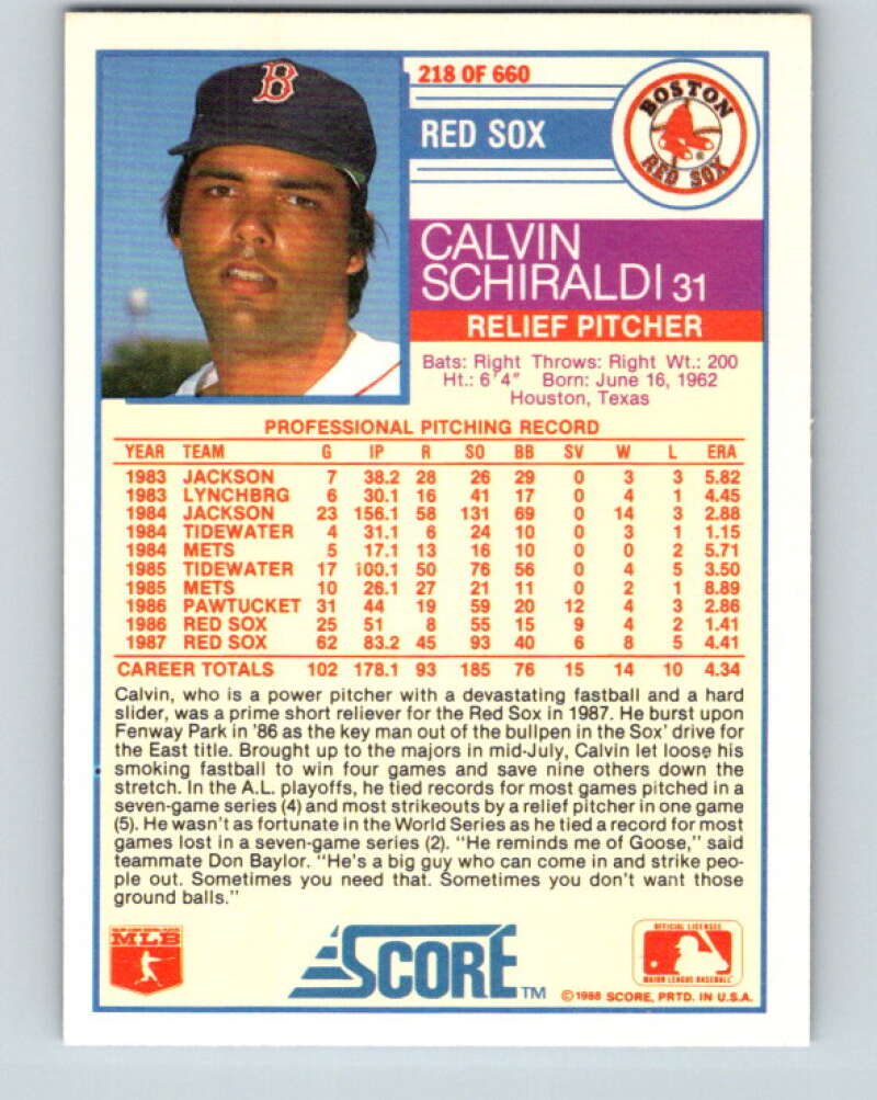 1988 Score #218 Calvin Schiraldi Mint Boston Red Sox Image 2