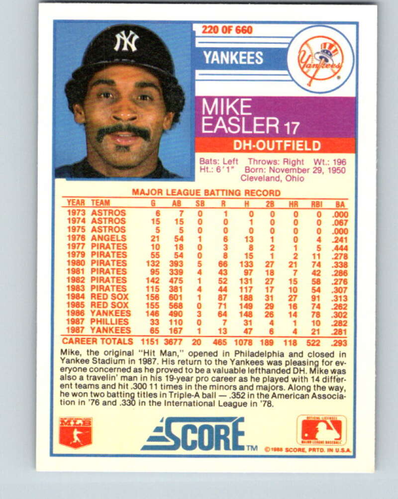 1988 Score #220 Mike Easler Mint New York Yankees Image 2