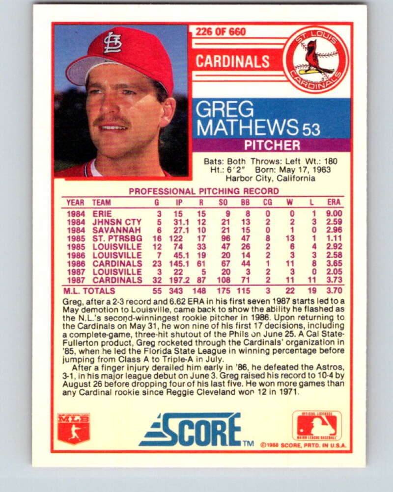 1988 Score #226 Greg Mathews Mint St. Louis Cardinals Image 2