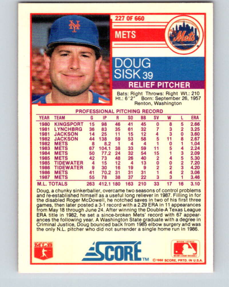 1988 Score #227 Doug Sisk Mint New York Mets Image 2