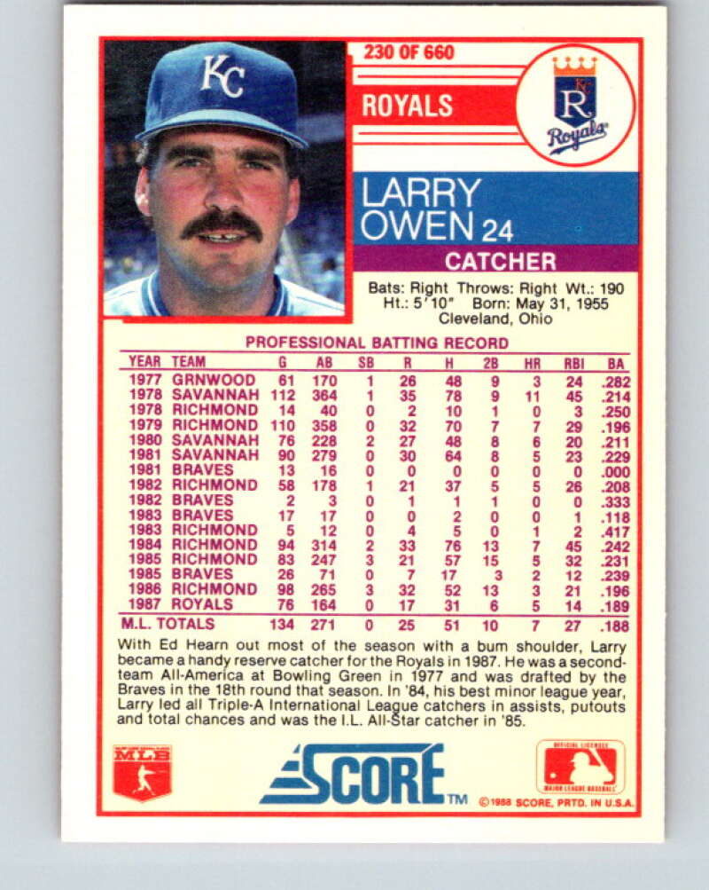1988 Score #230 Larry Owen Mint Kansas City Royals Image 2
