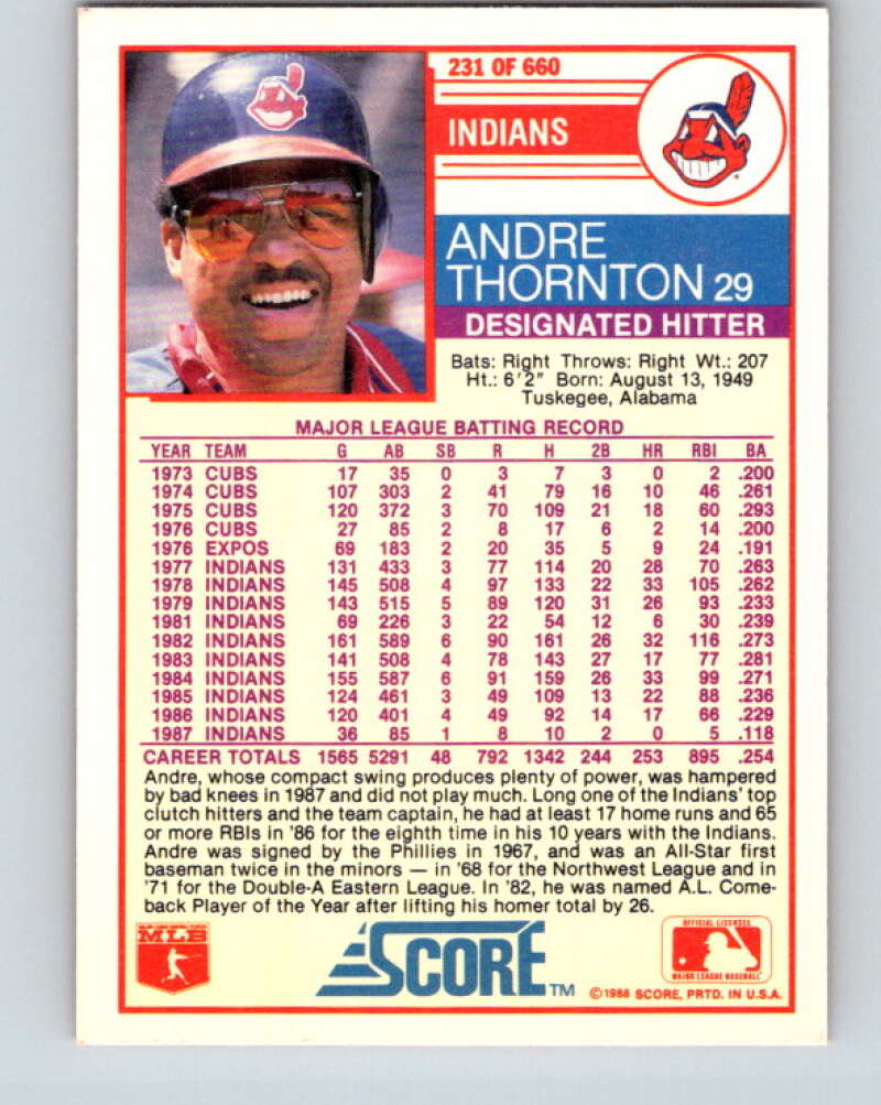 1988 Score #231 Andre Thornton Mint Cleveland Indians Image 2