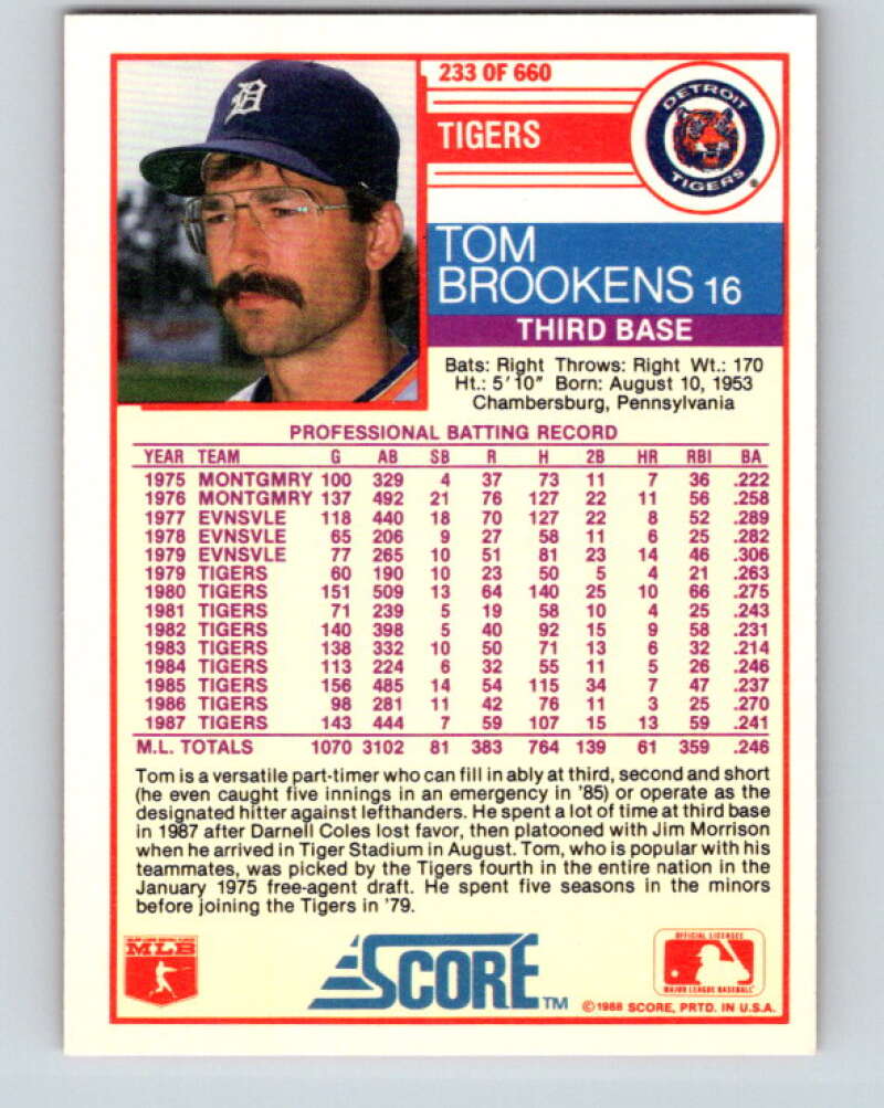 1988 Score #233 Tom Brookens Mint Detroit Tigers Image 2
