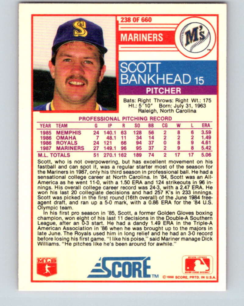 1988 Score #238 Scott Bankhead Mint Seattle Mariners Image 2
