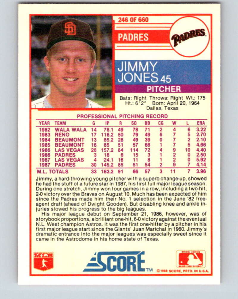 1988 Score #246 Jimmy Jones Mint San Diego Padres Image 2