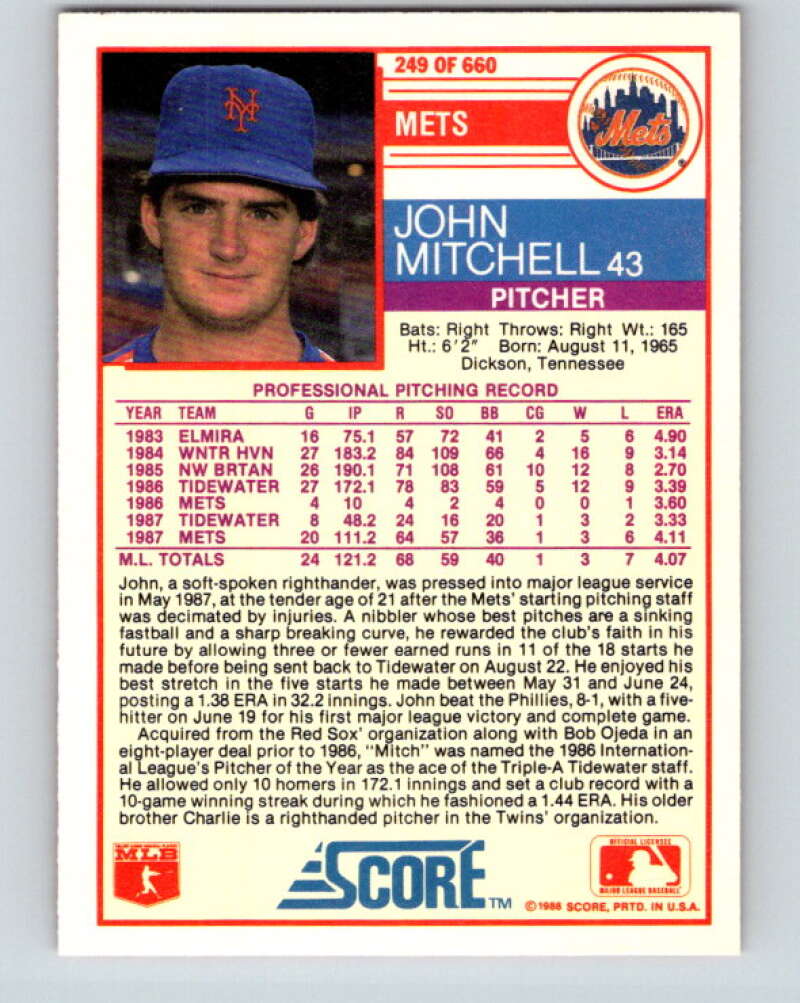 1988 Score #249 John Mitchell Mint RC Rookie New York Mets Image 2