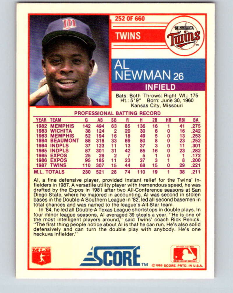 1988 Score #252 Al Newman Mint Minnesota Twins Image 2