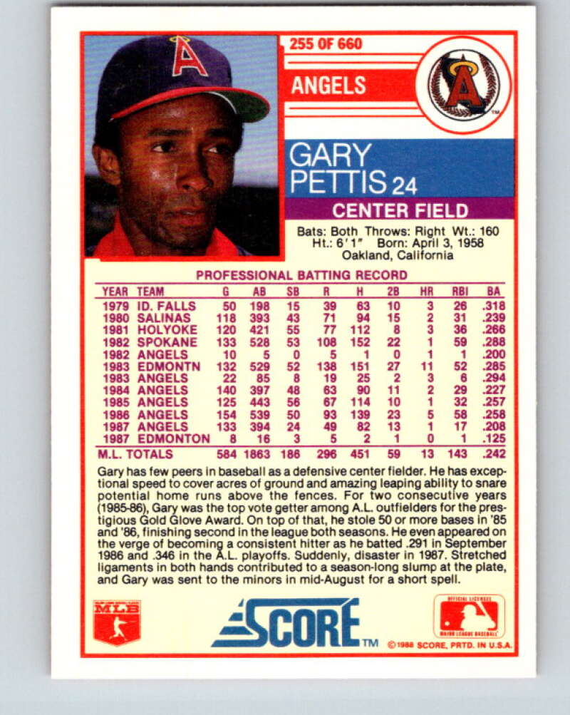 1988 Score #255 Gary Pettis Mint California Angels Image 2