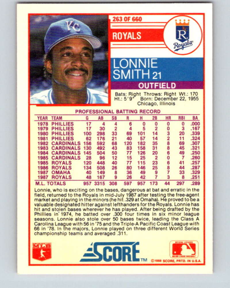 1988 Score #263 Lonnie Smith Mint Kansas City Royals Image 2