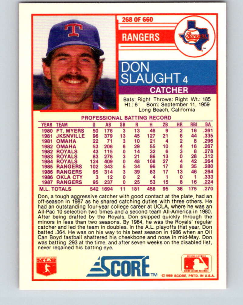 1988 Score #268 Don Slaught Mint Texas Rangers Image 2