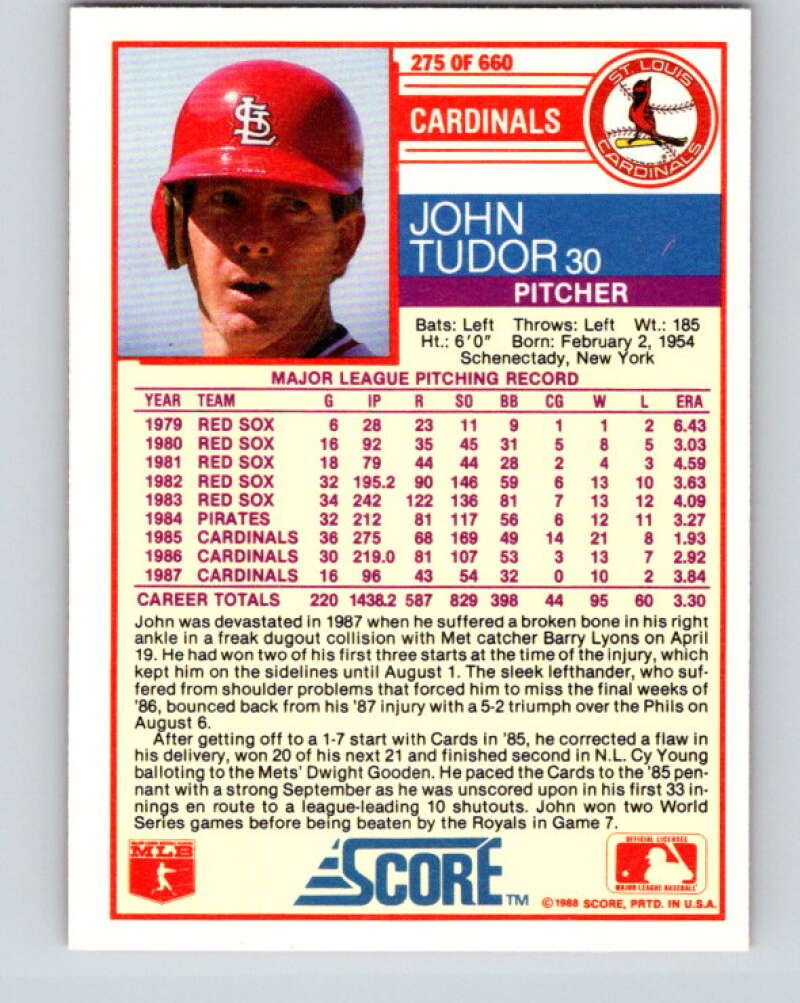 1988 Score #275 John Tudor Mint St. Louis Cardinals Image 2