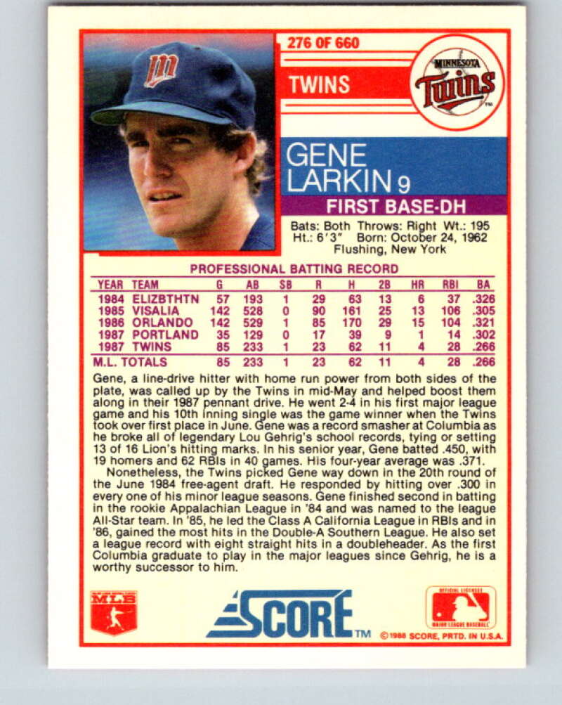 1988 Score #276 Gene Larkin Mint RC Rookie Minnesota Twins Image 2