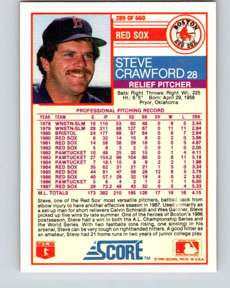 1988 Score #289 Steve Crawford Mint Boston Red Sox Image 2