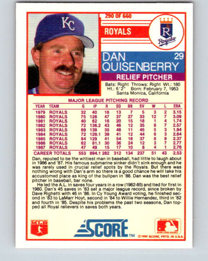 1988 Score #290 Dan Quisenberry Mint Kansas City Royals Image 2