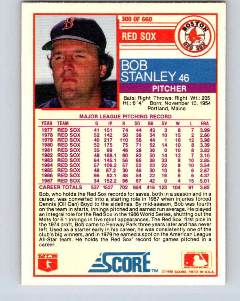 1988 Score #300 Bob Stanley Mint Boston Red Sox Image 2
