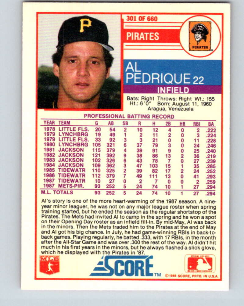 1988 Score #301 Al Pedrique Mint Pittsburgh Pirates Image 2