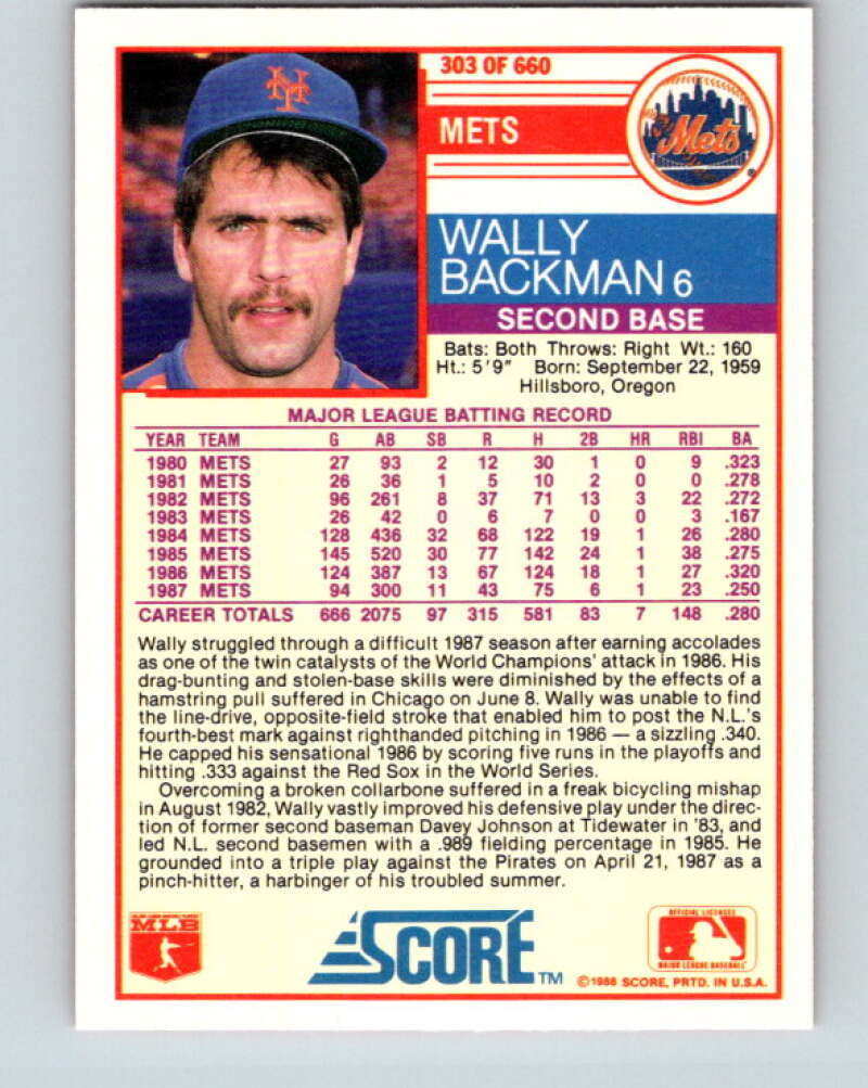 1988 Score #303 Wally Backman Mint New York Mets Image 2