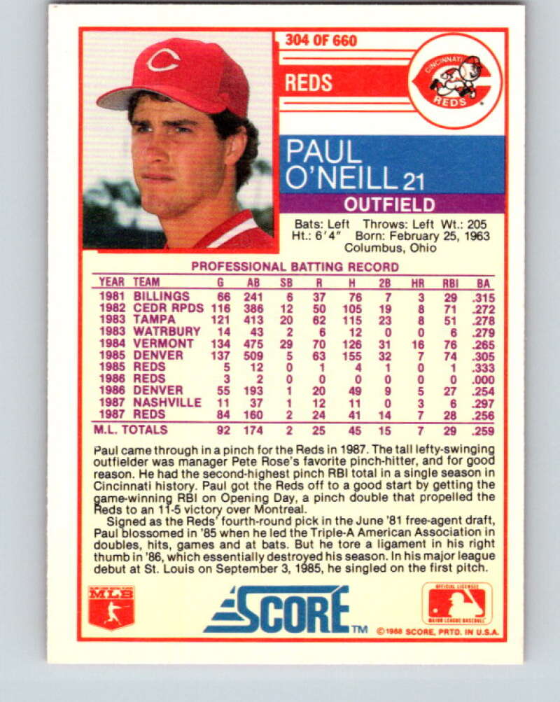 1988 Score #304 Paul O'Neill Mint Cincinnati Reds Image 2