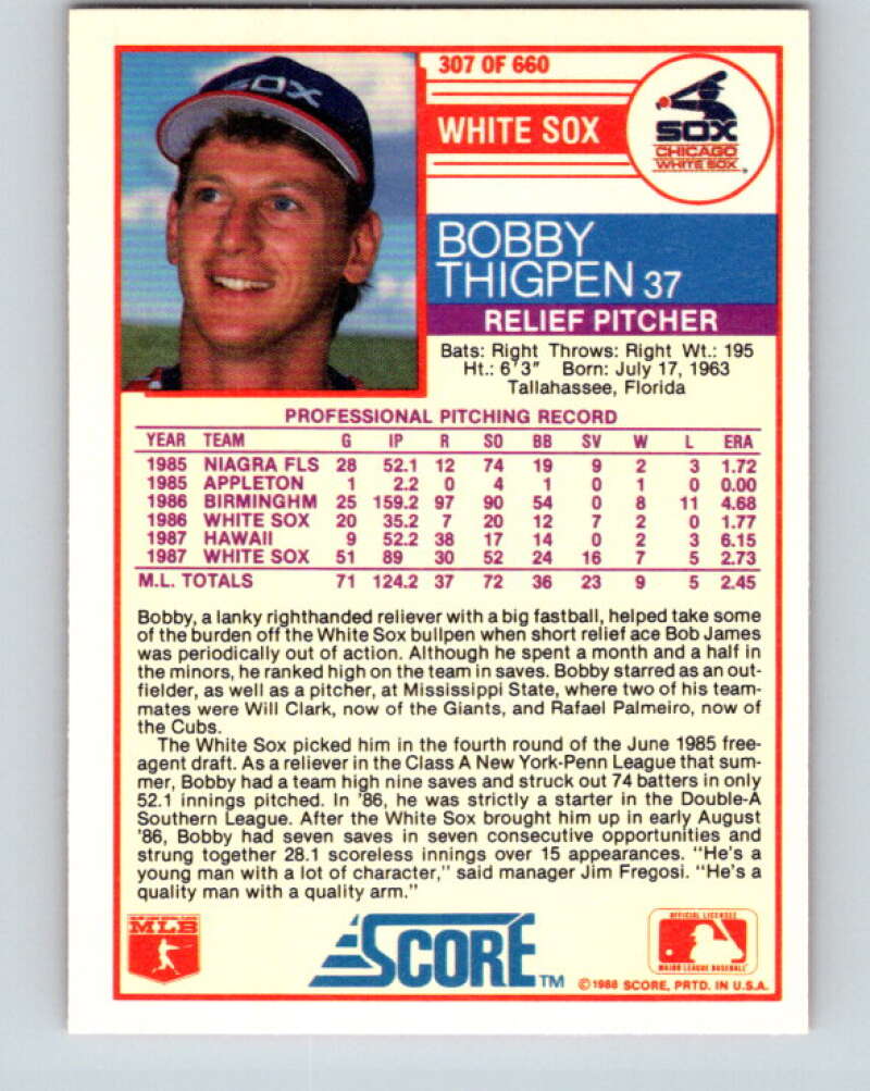 1988 Score #307 Bobby Thigpen Mint Chicago White Sox Image 2