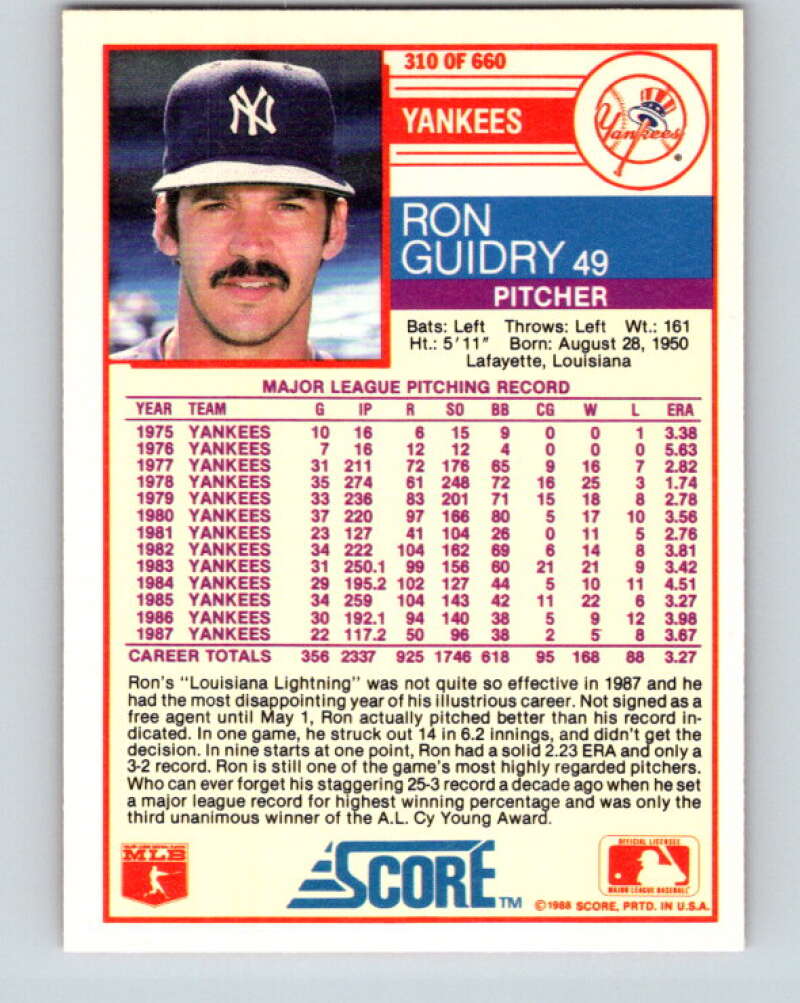 1988 Score #310 Ron Guidry Mint New York Yankees Image 2