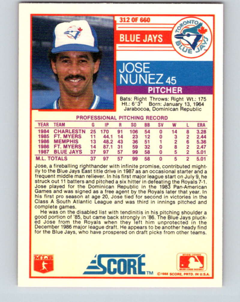 1988 Score #312 Jose Nunez Mint RC Rookie Toronto Blue Jays Image 2