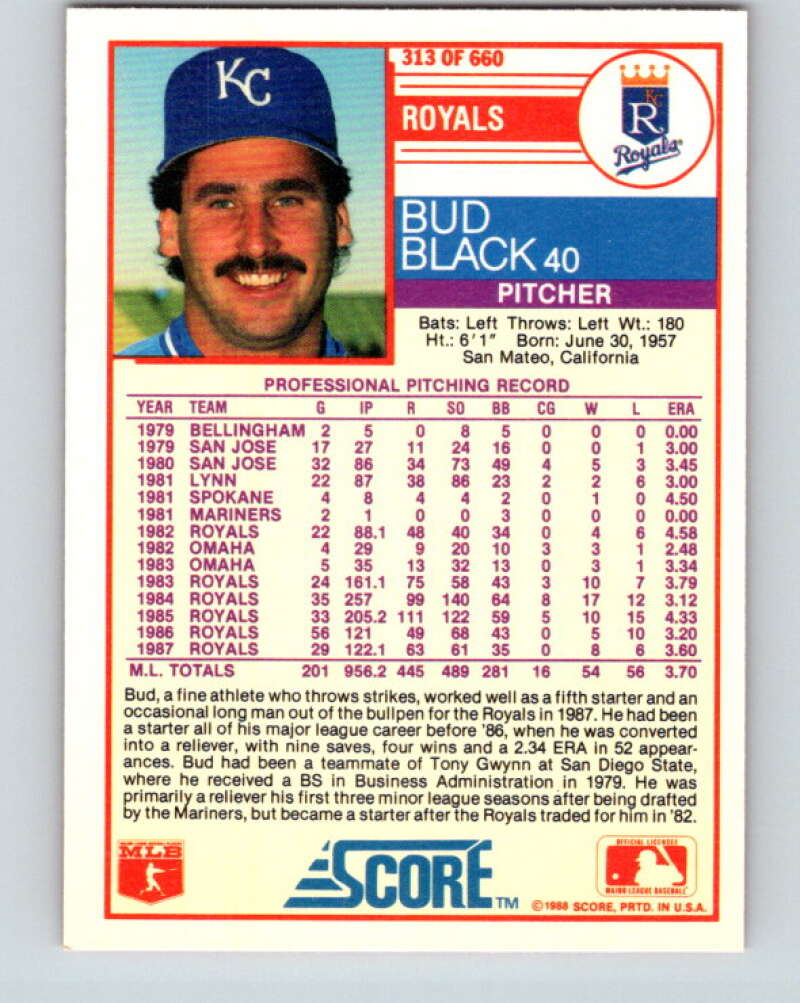 1988 Score #313 Bud Black Mint Kansas City Royals Image 2