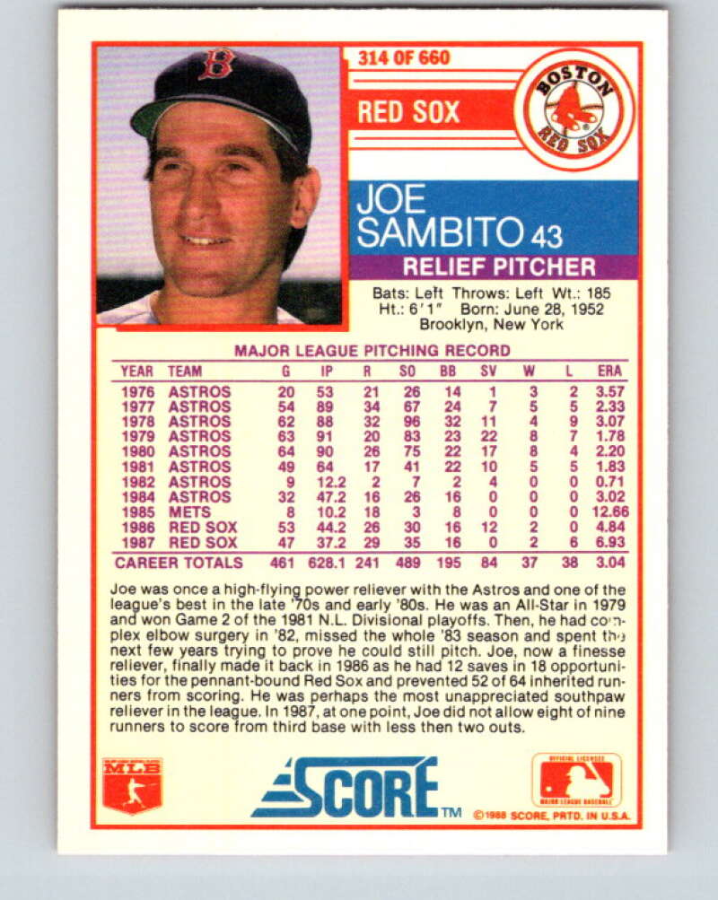 1988 Score #314 Joe Sambito Mint Boston Red Sox Image 2