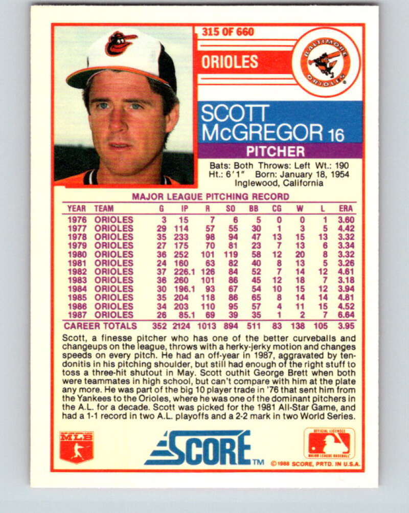 1988 Score #315 Scott McGregor Mint Baltimore Orioles Image 2