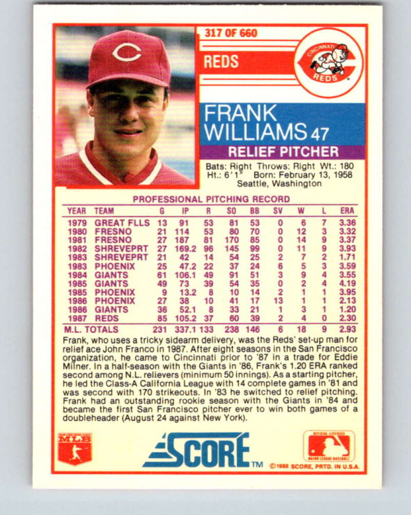 1988 Score #317 Frank Williams Mint Cincinnati Reds Image 2