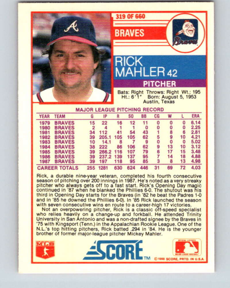 1988 Score #319 Rick Mahler Mint Atlanta Braves Image 2