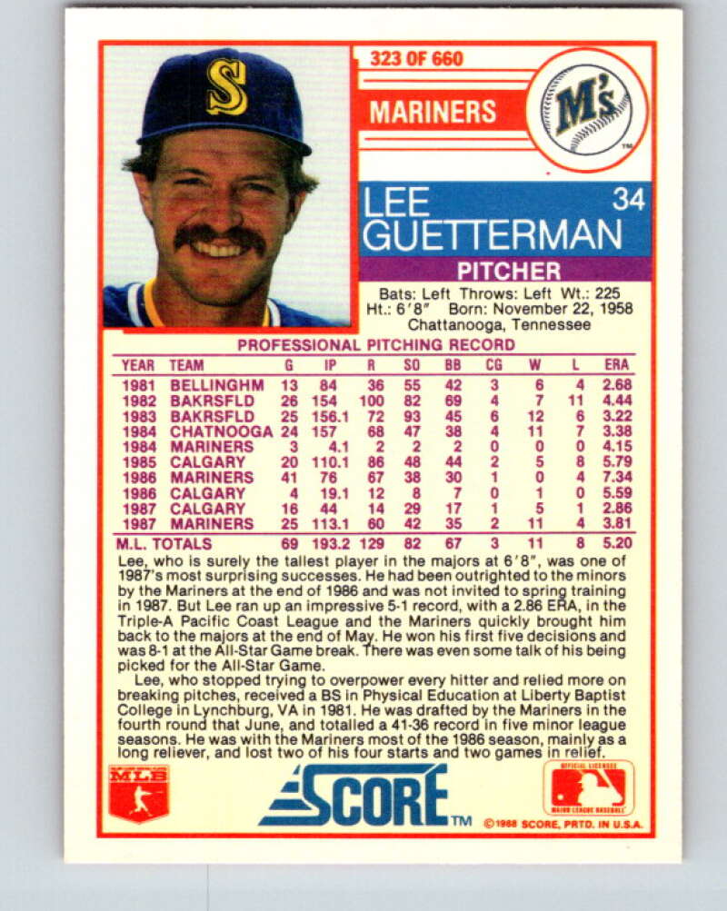 1988 Score #323 Lee Guetterman Mint Seattle Mariners Image 2