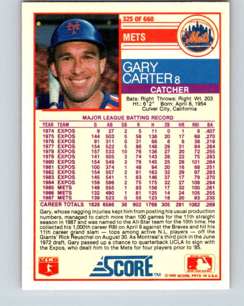 1988 Score #325 Gary Carter Mint New York Mets Image 2